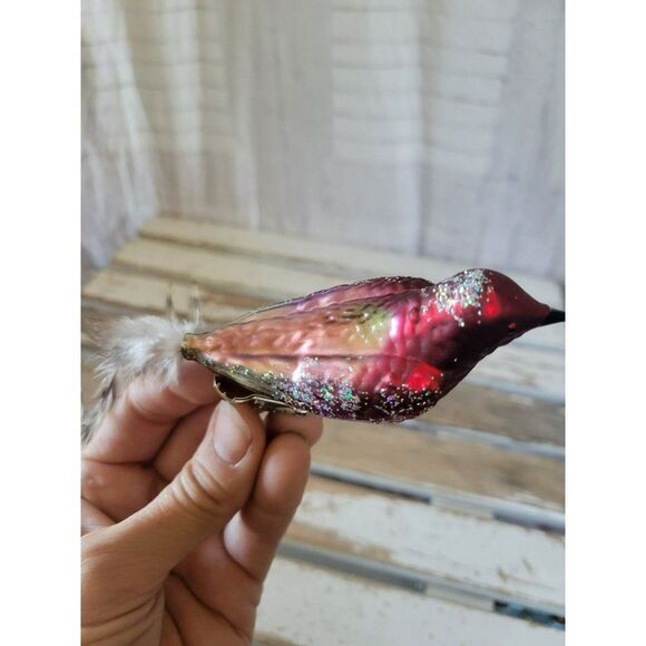 Red Cardinal Glass bird clip-on ornament feathered Xmas tree - Picture 2 of 6